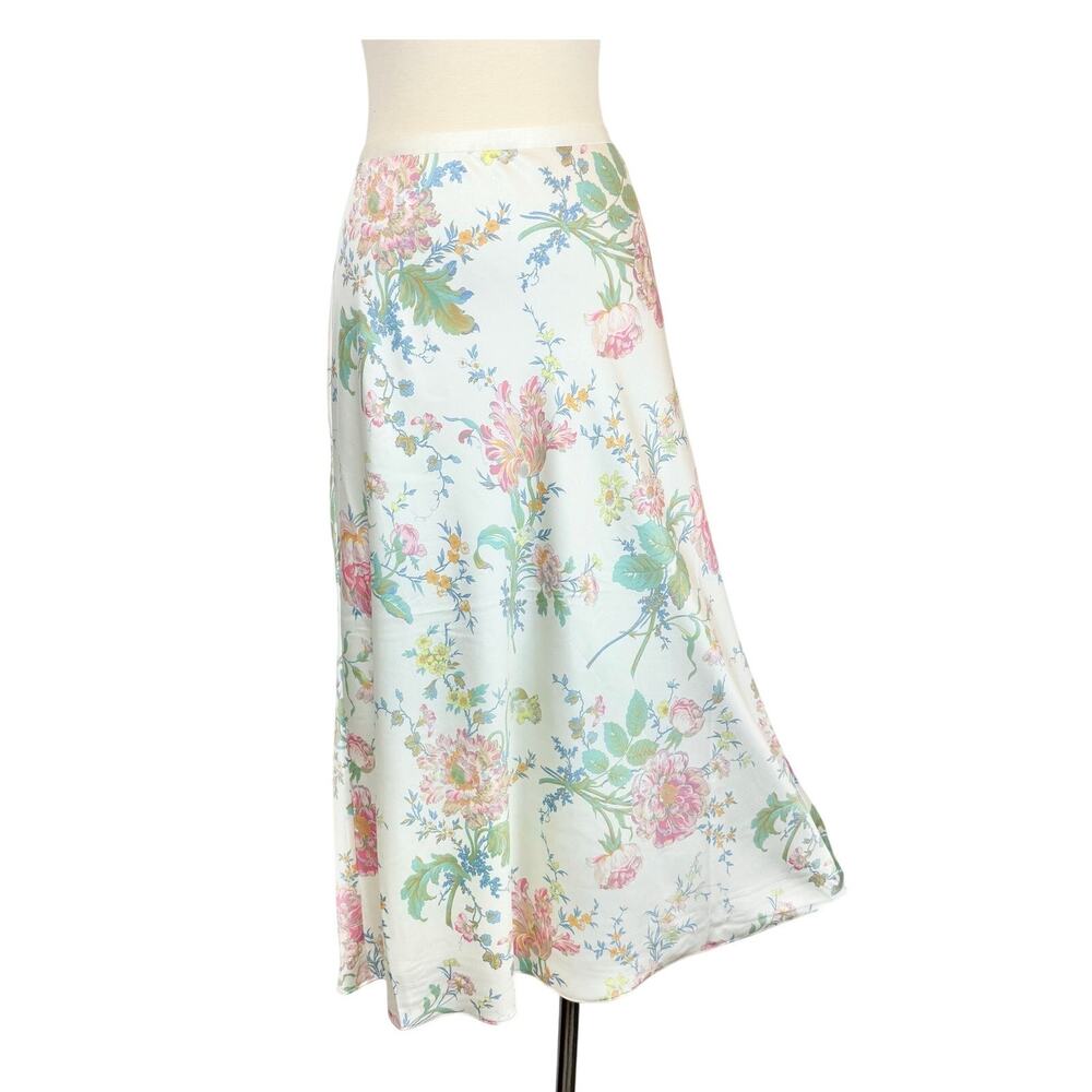 Ralph Lauren Polo Satin A-Line Midi Skirt Pull-On in Ivory Rose Floral 12 NWT